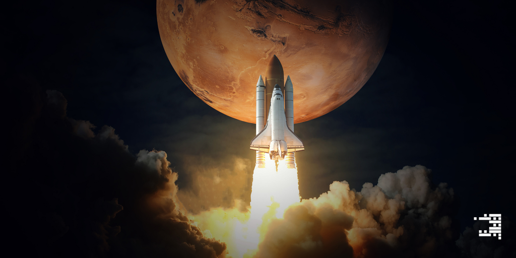 Space shuttle launching with Mars in the background